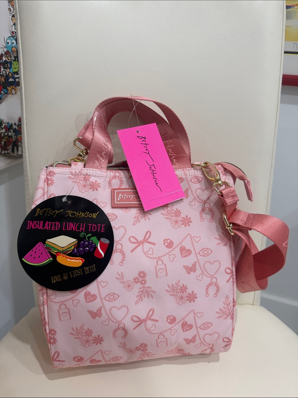 Betsey Johnson Pink & Gold Patterned Insulated Lunch Top Zip Tote Bag